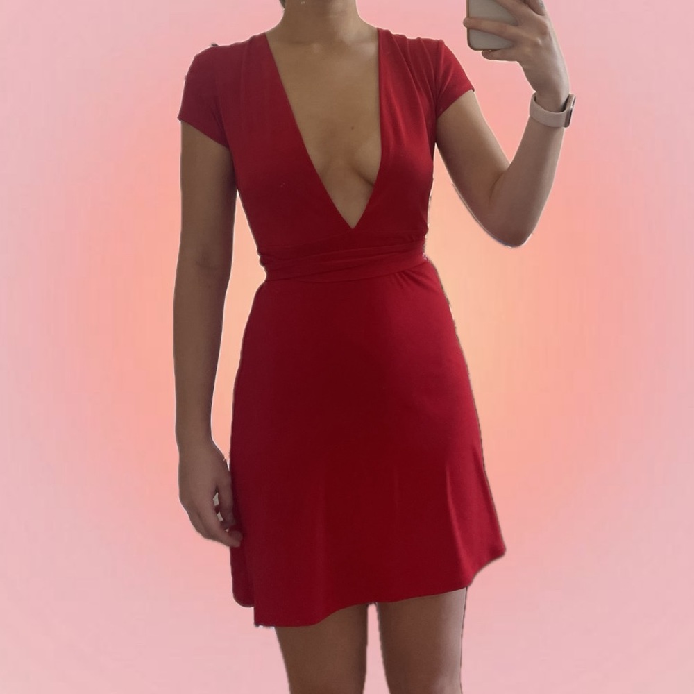 urban outfitters deep v-neck red dress